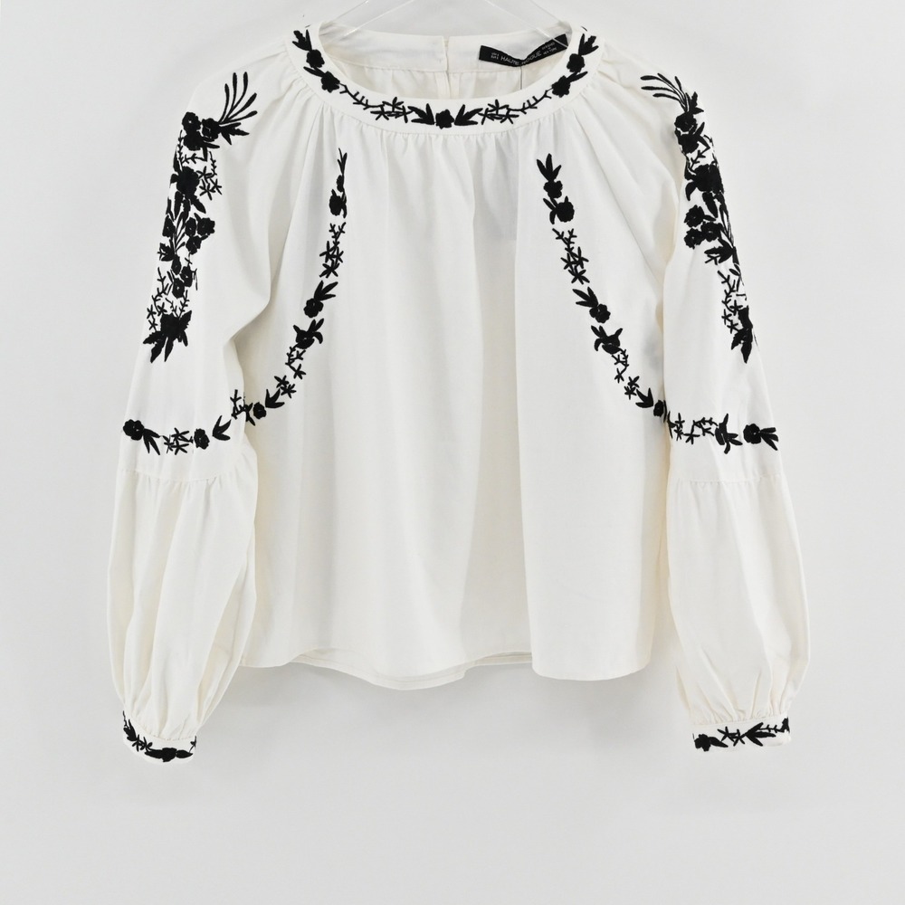 Haute Rogue Embroidered Blouse Womens Size S White Black Floral Cotton Cottage